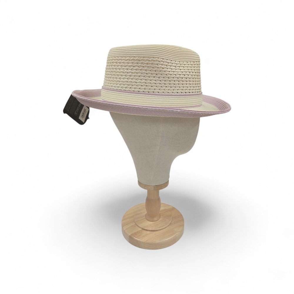 STACY ADAMS "TYRONE" POLY BRAIDED PINCH FRONT LAVENDER/ CREAM MENS FEDORA HAT. - Picture 3 of 7